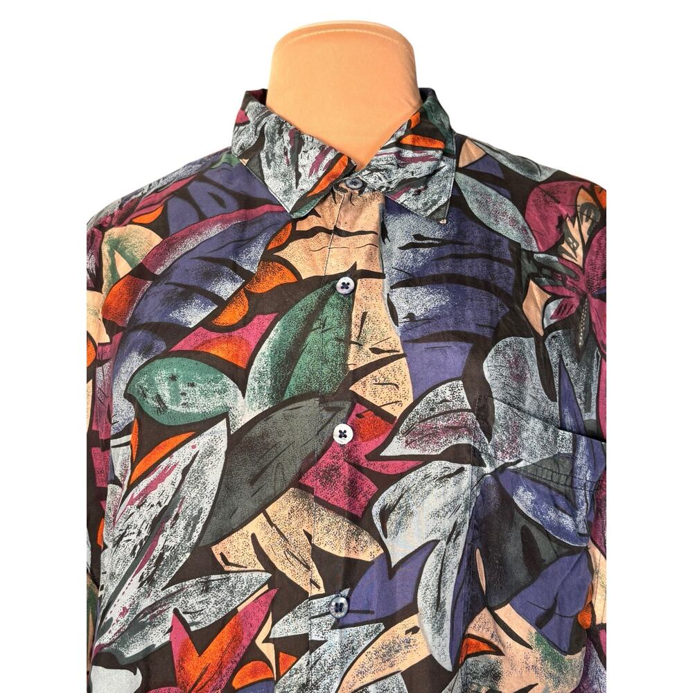 Vintage Hilo Hattie Hawaiian Silk Shirt Tropical Leaf Print Button Front XL